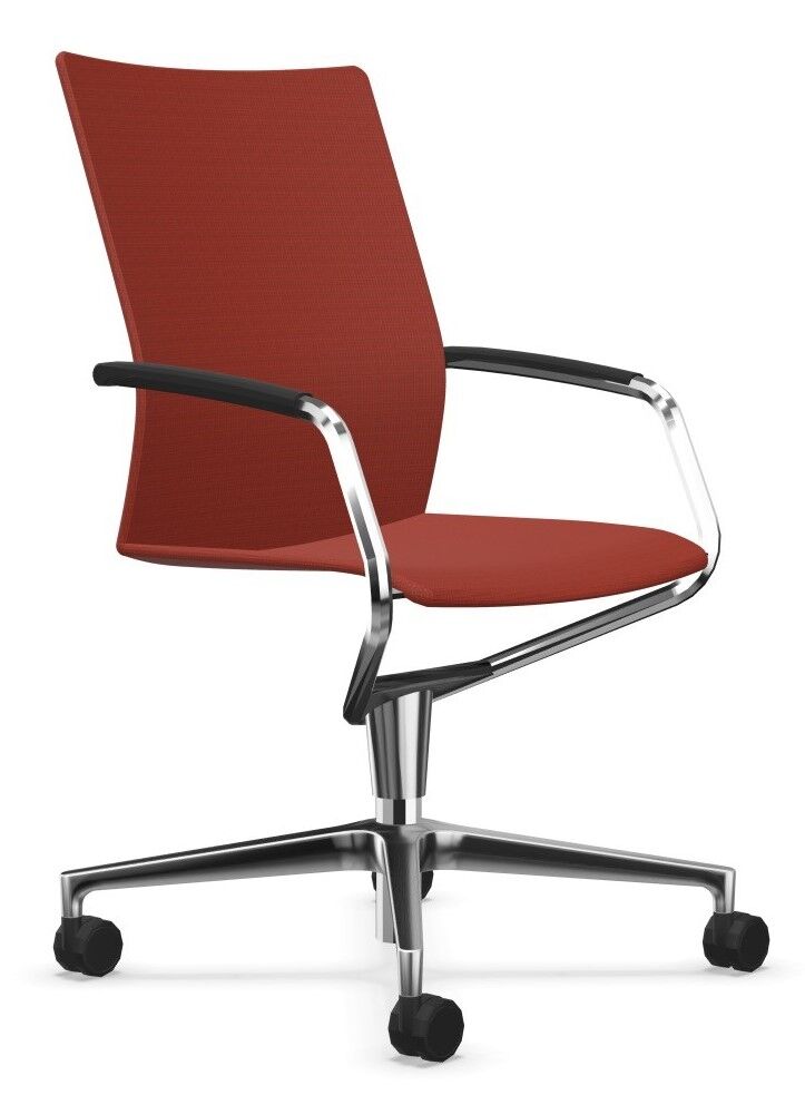 Moderner ergonomischer Bürostuhl in Rot mit Metallrahmen und Rollen für dynamisches Sitzen.