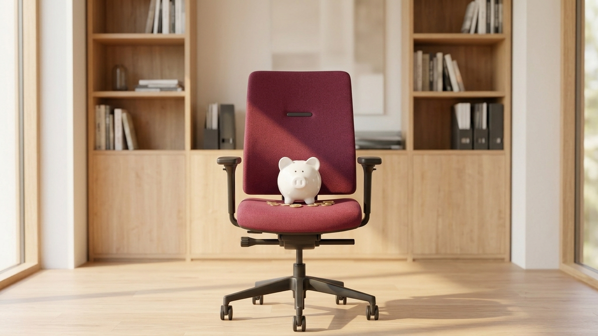 Ergonomischer Bürostuhl in Rot mit einem Sparschwein auf dem Sitz, in einem modernen Büroambiente.