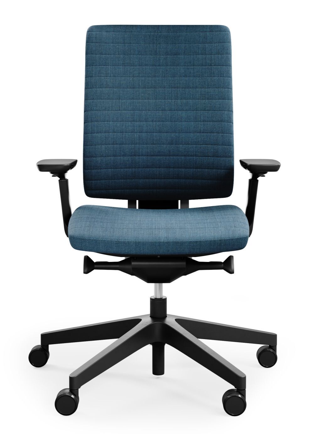 Ergonomischer Bürostuhl mit blauer Polsterung und verstellbaren Armlehnen, ideal für gesundes Sitzen im Büro.