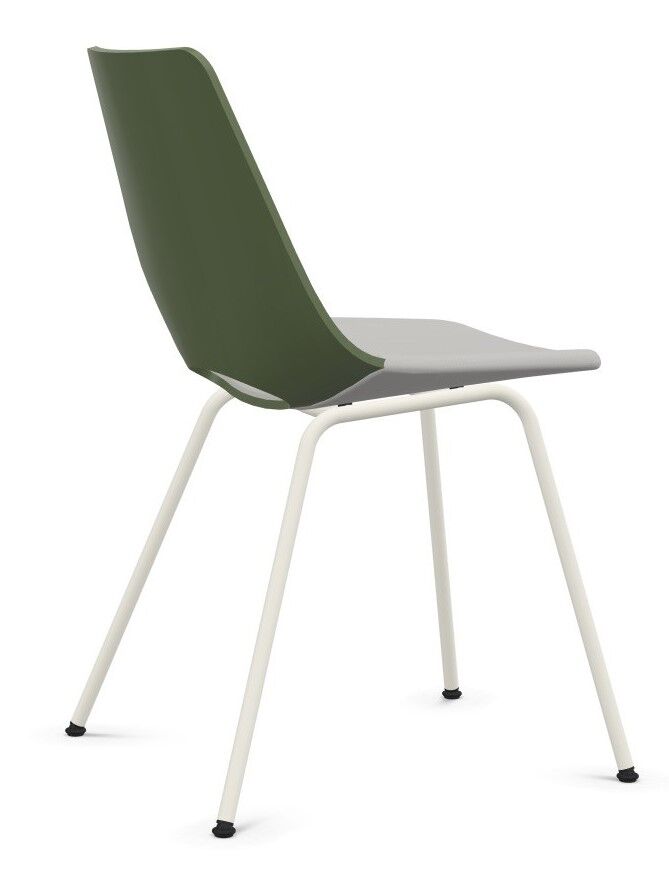 Ergonomischer Stuhl mit grünem Sitz und weißen Metallbeinen, ideal für dynamisches Sitzen zu Hause oder im Büro.