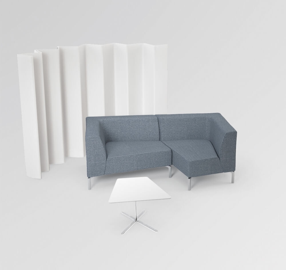 Graues Ecksofa mit weißem Paravent und modernem Tisch in minimalistischem Design.