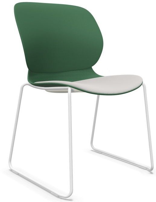 Moderner Stuhl mit grünem Rücken und weißem Sitz auf Metallgestell, ideal für ergonomisches Sitzen.