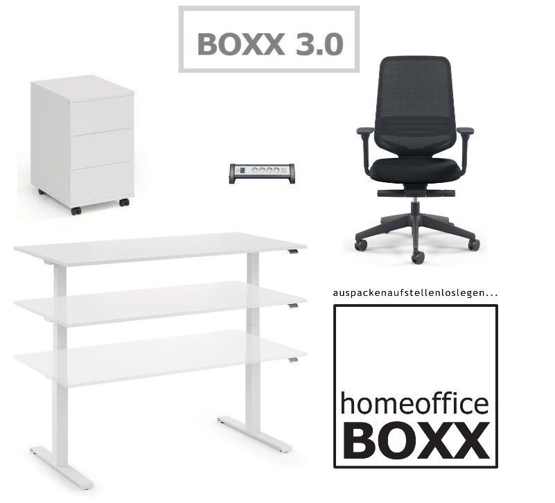 fm Homeoffice BOXX 3.0, Sitz-Stehtisch,Bürostuhl, Rollcontainer