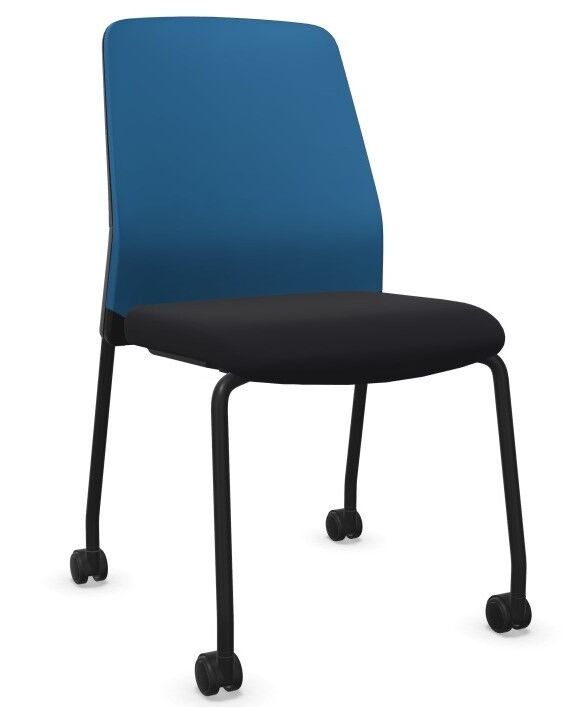 Ergonomischer Bürostuhl mit blauer Rückenlehne, schwarzem Sitzpolster und Rollen für dynamisches Sitzen.