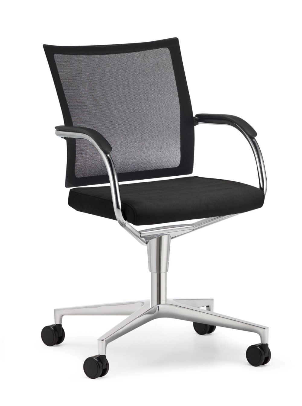 Ergonomischer Bürostuhl mit Netzrückenlehne und Rollfüßen, ideal für dynamisches Sitzen und komfortables Arbeiten.