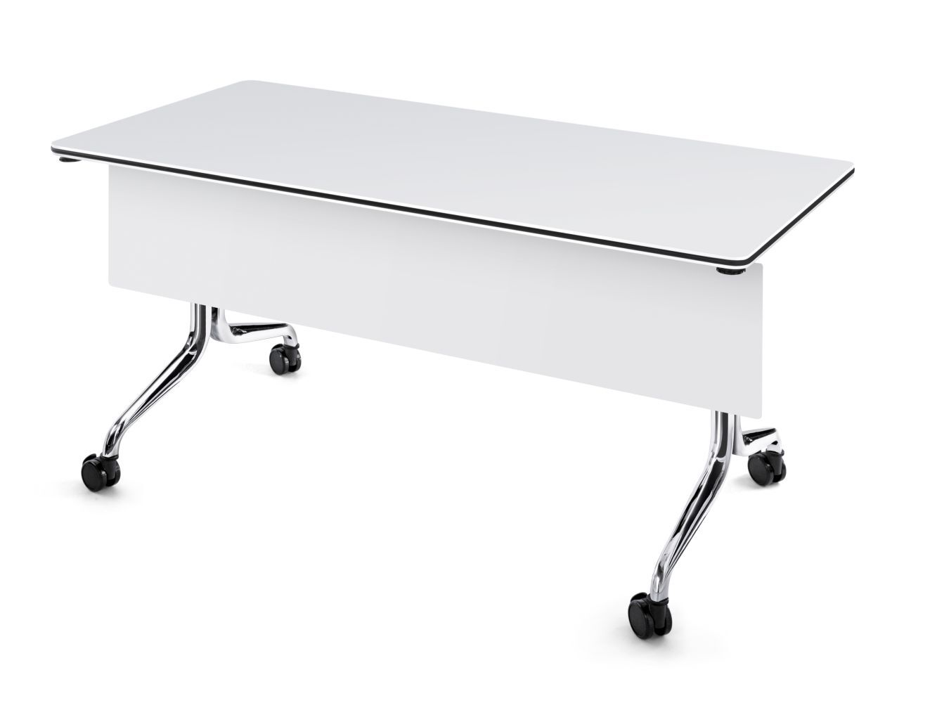 Moderner, weißer ergonomischer Tisch mit klappbarer Tischplatte und Metallbeinen auf Rollen für flexible Nutzung.