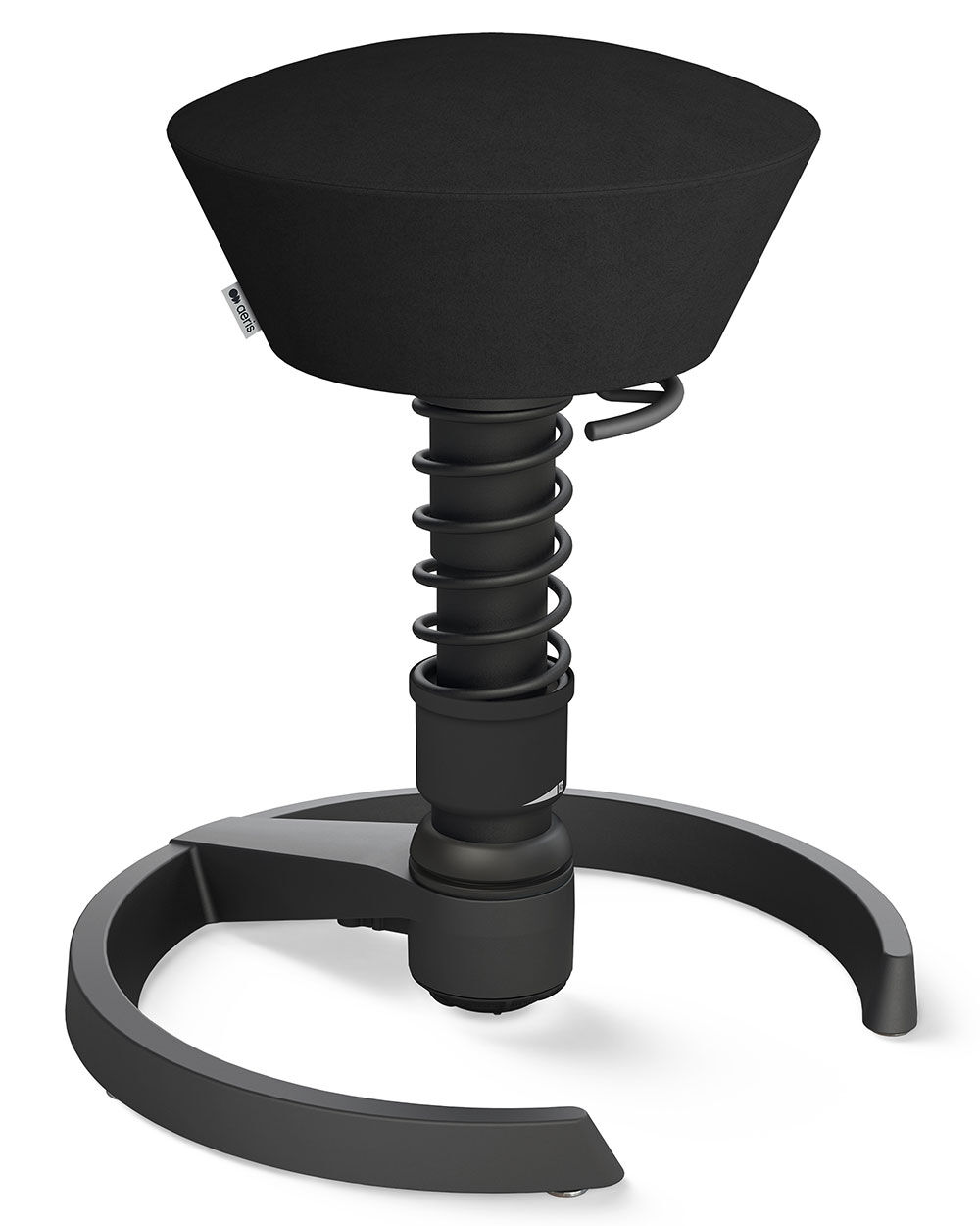 Ergonomischer Hocker mit rundem Polstersitz und Feder, fördert aktives und dynamisches Sitzen im Büro.