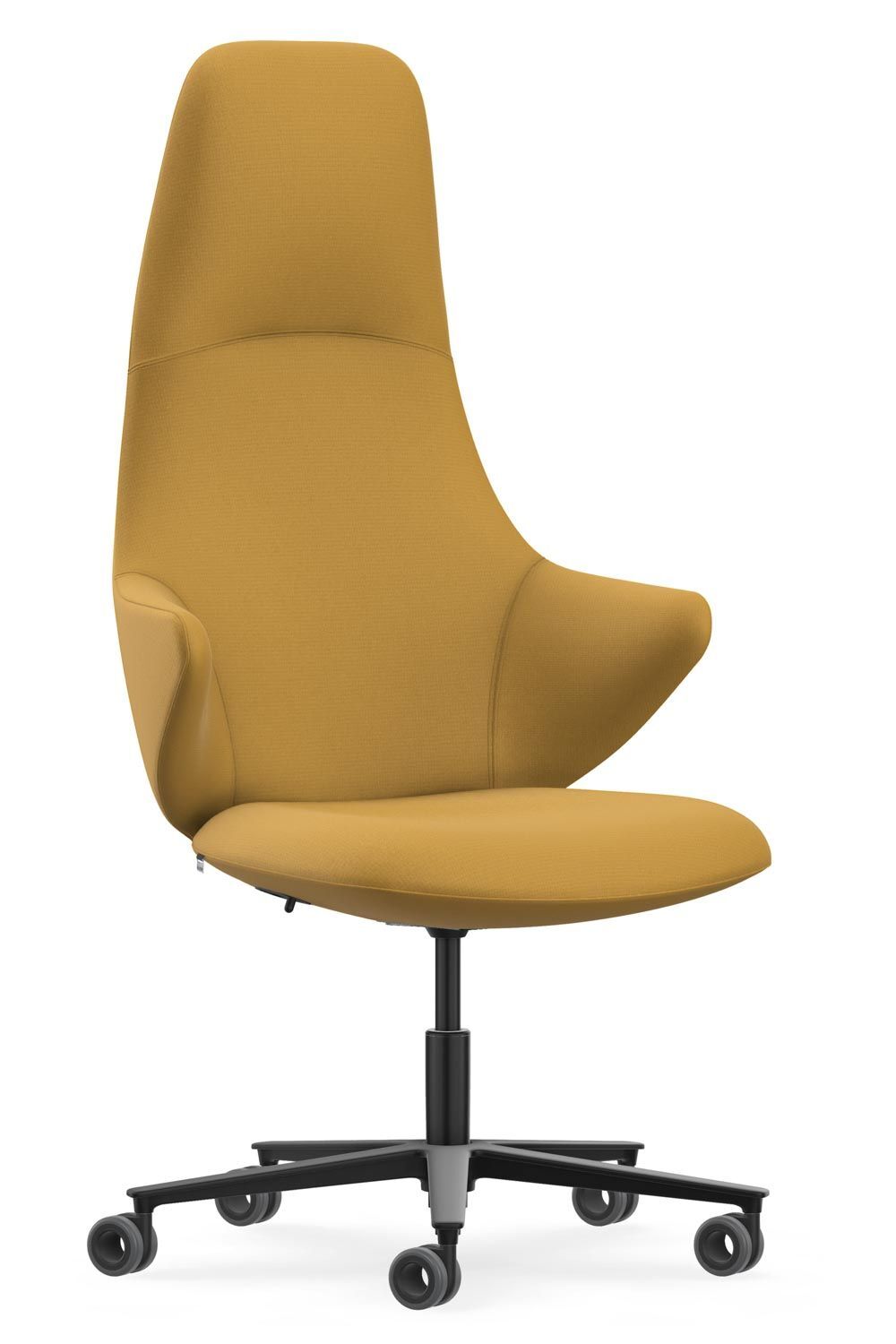 Gelber ergonomischer Bürostuhl mit hoher Rückenlehne und verstellbaren Rollen, ideal für dynamisches Sitzen.