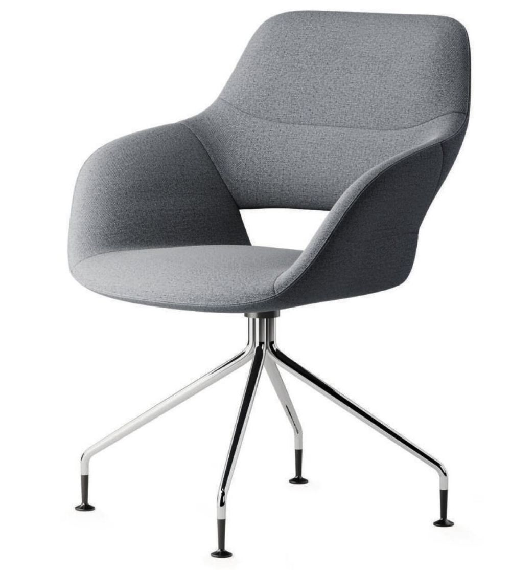 Grauer ergonomischer Stuhl mit geschwungenem Design und verchromtem Vierfußgestell, ideal für das Büro.