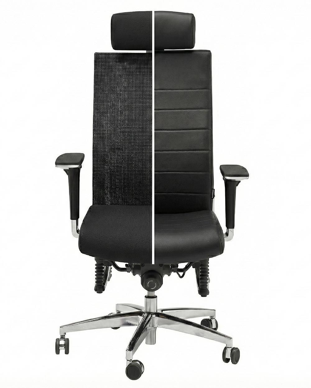 Hochwertiger ergonomischer Bürostuhl mit Kopfstütze und verstellbaren Armlehnen, geeignet für gesundes Sitzen am Arbeitsplatz.