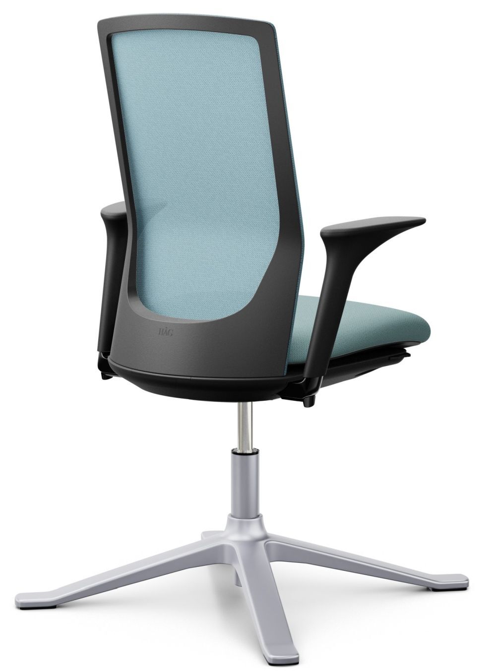 Ergonomischer Bürostuhl mit hellblauer Netzrücklehne und schwarzem Rahmen, auf modernem vierbeinigen Standfuß.
