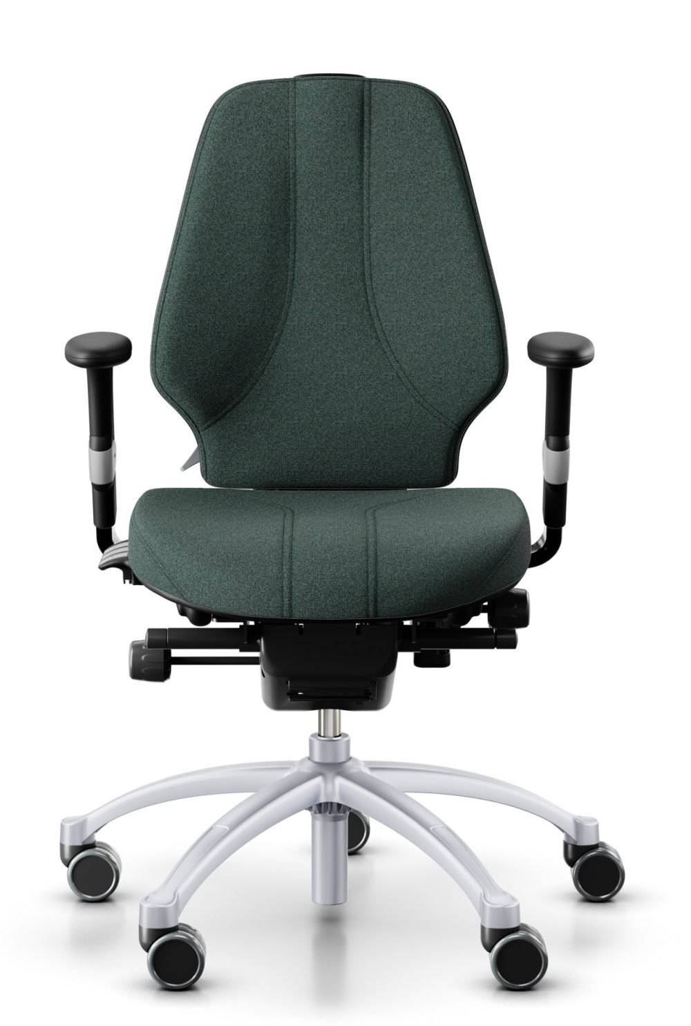 Ergonomischer Bürostuhl mit grüner Polsterung, verstellbaren Armlehnen und fünffachem Rollfuß für dynamisches Sitzen.