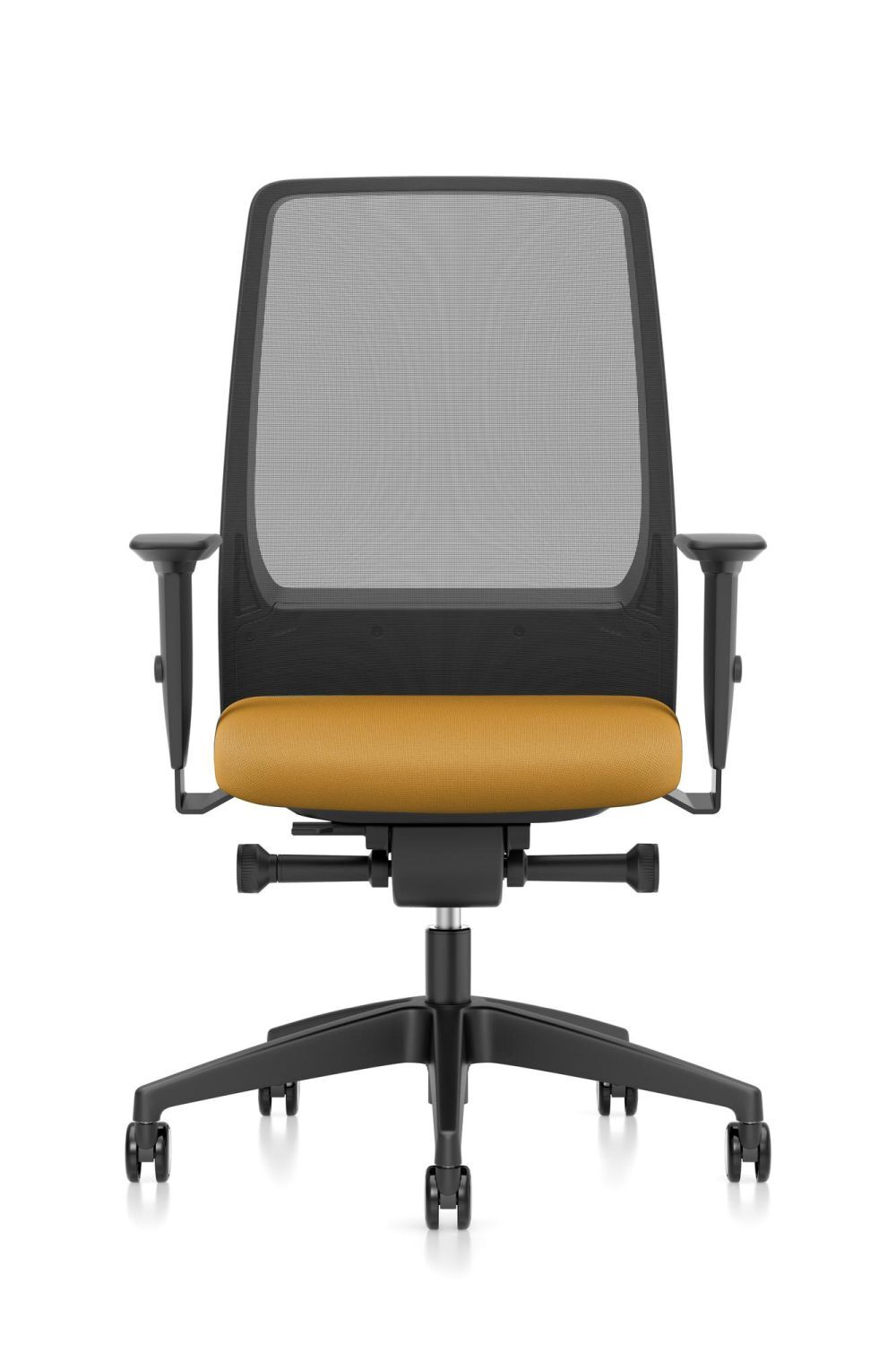Ergonomischer Bürostuhl mit Netzrückenlehne, gelbem Sitzpolster und verstellbaren Armlehnen, ideal für gesundes Sitzen.