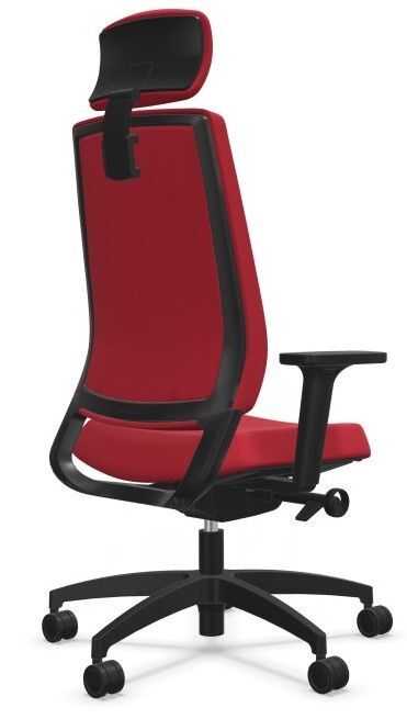 Ergonomischer Bürostuhl in Rot mit Kopfstütze und Rollen, fördert dynamisches Sitzen für gesundes Arbeiten.