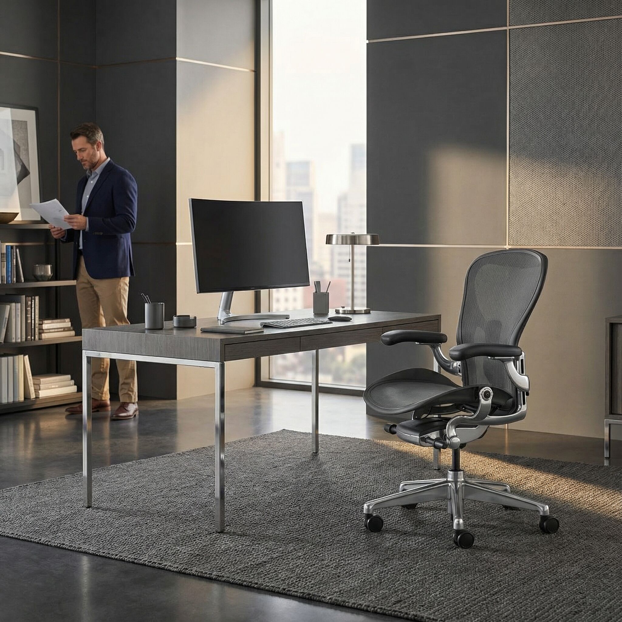 Moderner Büroraum mit ergonomischem Stuhl, Schreibtisch, Bildschirm und Mann, der Dokumente im Hintergrund liest.