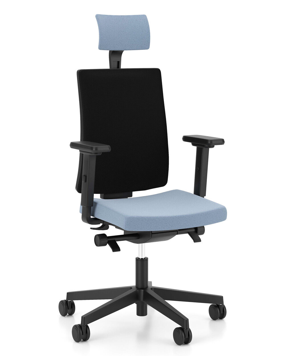 Ergonomischer Bürostuhl mit verstellbarer Kopfstütze, Armlehnen und blauem Sitzpolster, ideal für gesundes Sitzen.