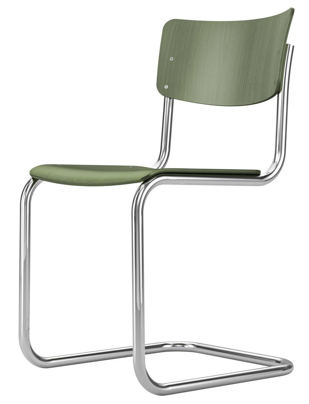 Moderner Freischwingerstuhl mit grünem Holzsitz und Rückenlehne, silbernem Gestell. Ergonomisches Design für Komfort.