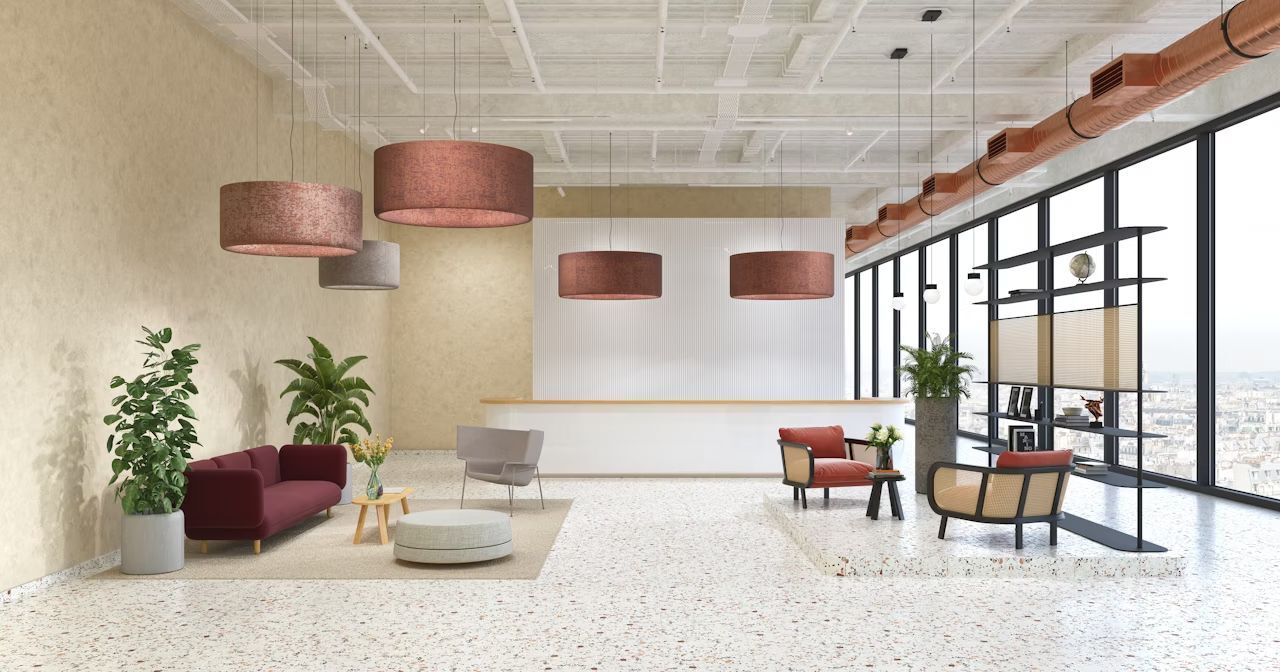 Moderner Loungebereich mit stilvollen Sitzmöbeln, Hängebeleuchtung und großen Fenstern, die eine Panoramaaussicht bieten.