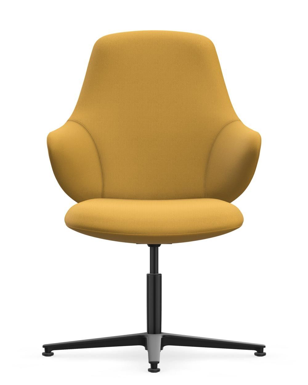 Gelber ergonomischer Bürostuhl mit hoher Rückenlehne und schwarzem Drehfuß, ideal für dynamisches Sitzen.