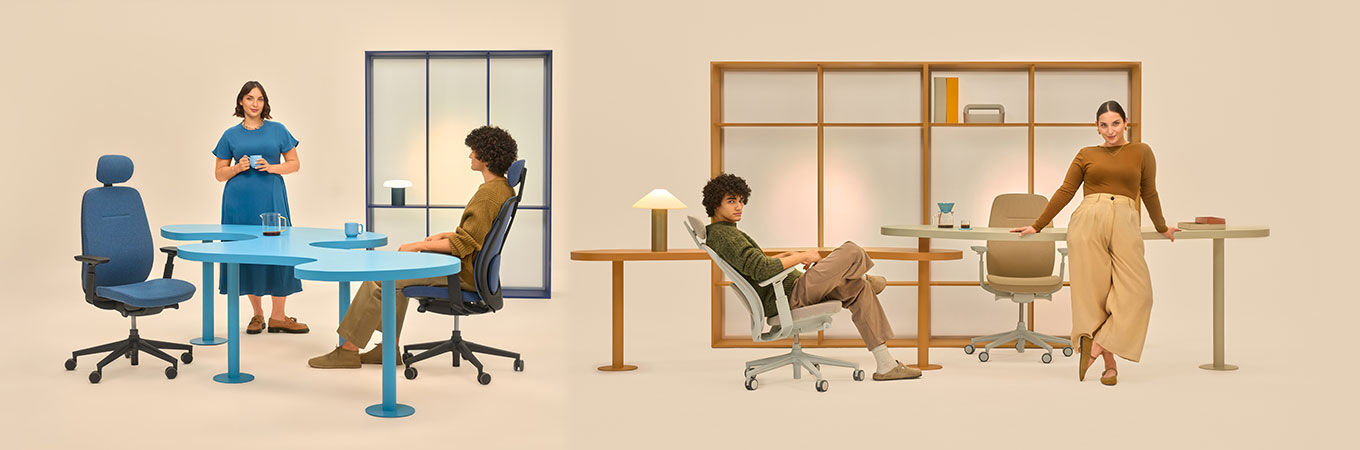 Zwei Personen sitzen auf Profim Pace Bürostühlen, zeigen modernes, gesundes Arbeitsplatzdesign.