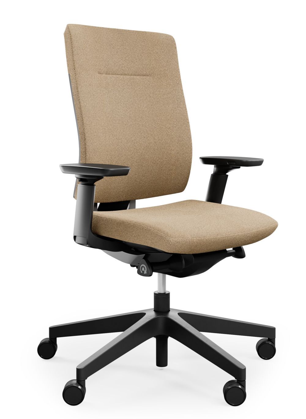 Ergonomischer Bürostuhl mit beige Stoffbezug, verstellbaren Armlehnen und schwarzen Rollen für dynamisches Sitzen.