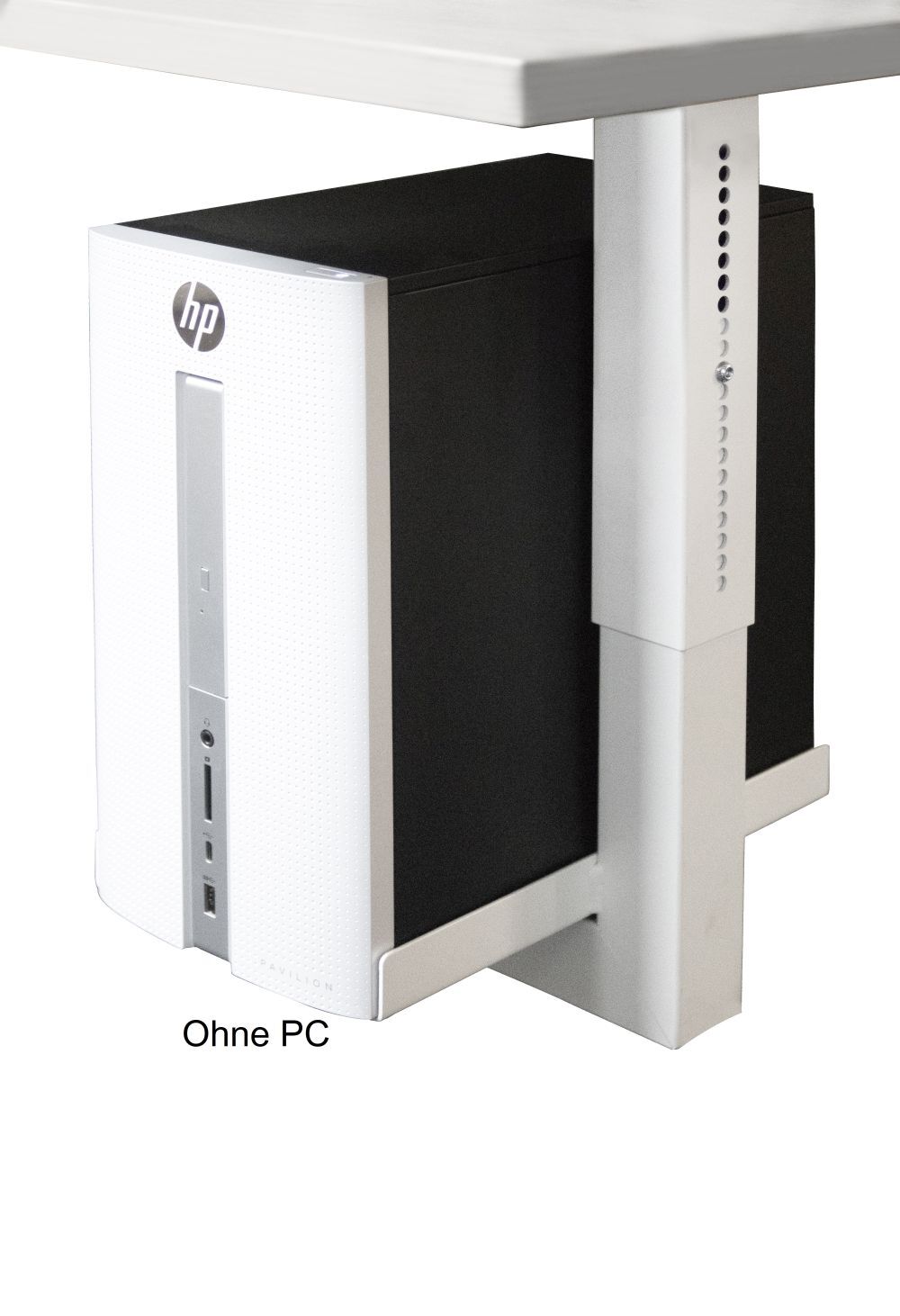 Halterung unter einem höhenverstellbaren Schreibtisch zur Befestigung eines PC-Gehäuses, ohne PC enthalten.