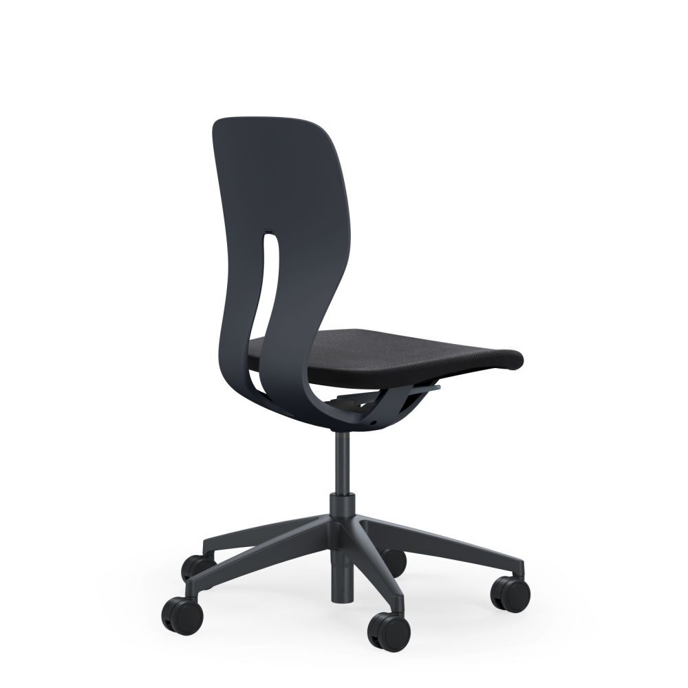 Ergonomischer schwarzer Bürostuhl mit flexibler Rückenlehne und Rollen, ideal für dynamisches Sitzen im Homeoffice.