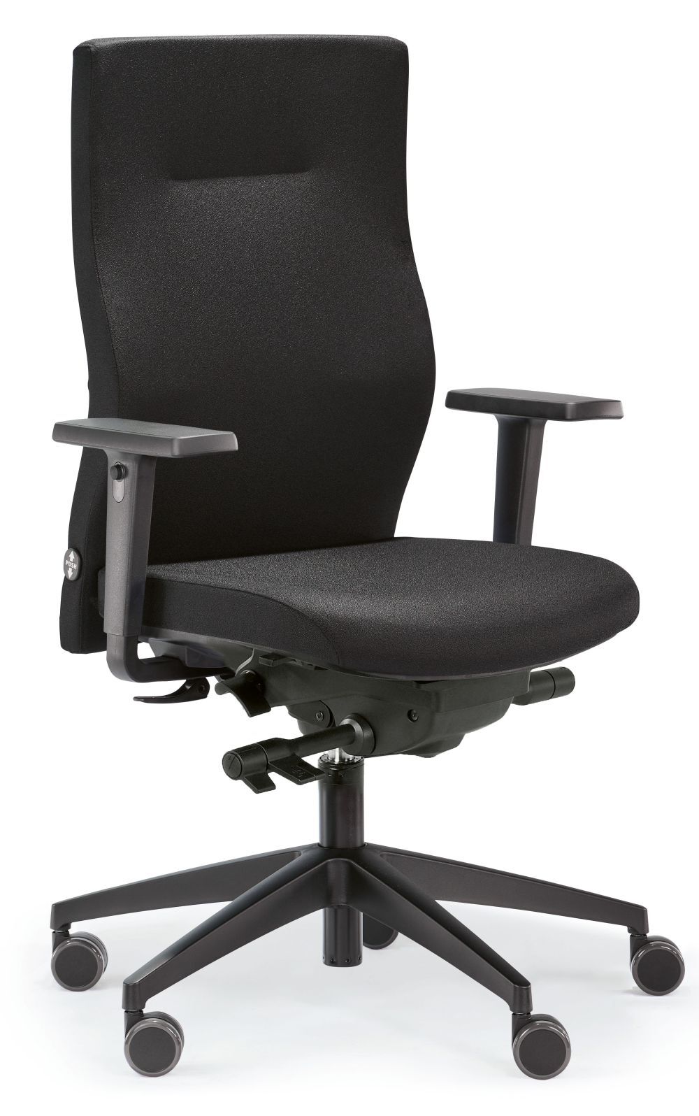 Schwarzer ergonomischer Bürostuhl mit verstellbaren Armlehnen und Rollen für bewegtes Sitzen und Komfort.