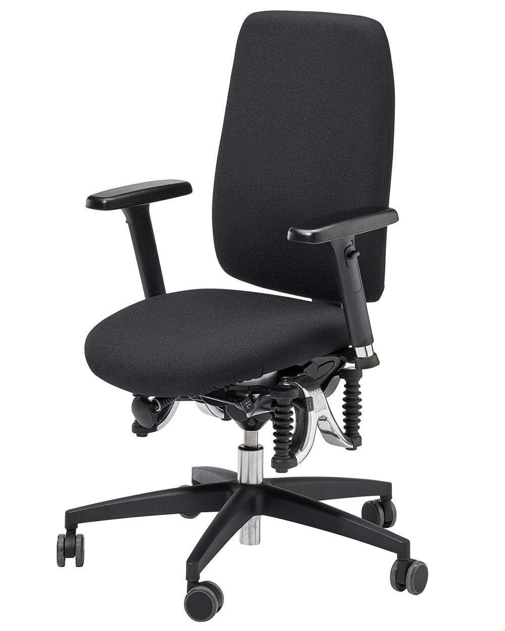 Schwarzer ergonomischer Bürostuhl mit verstellbaren Armlehnen und Federmechanismus für dynamisches Sitzen.