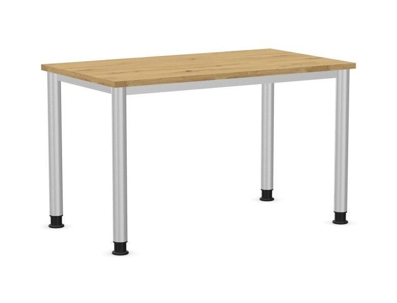 Moderner Schreibtisch mit Holzplatte und vier verstellbaren Metallbeinen, ideal für ergonomische Arbeitsplätze.
