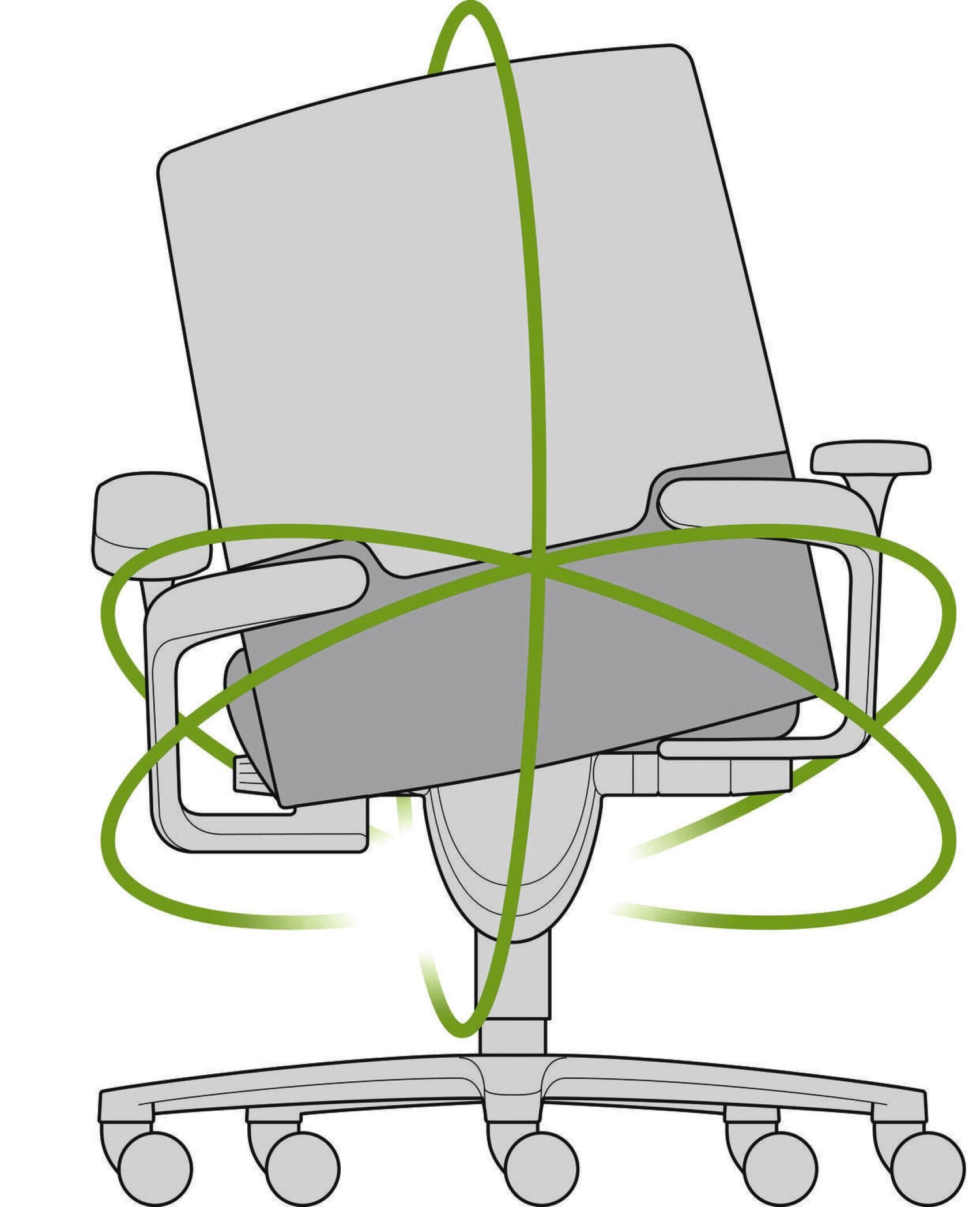 Illustration eines ergonomischen Bürostuhls, der die Bewegung und Drehbarkeit für dynamisches Sitzen darstellt.
