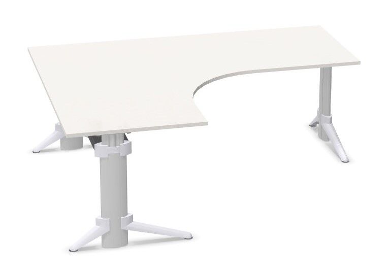 Ergonomischer Bürotisch in L-Form mit höhenverstellbaren Beinen und abgerundeter Ecke in Weiß.