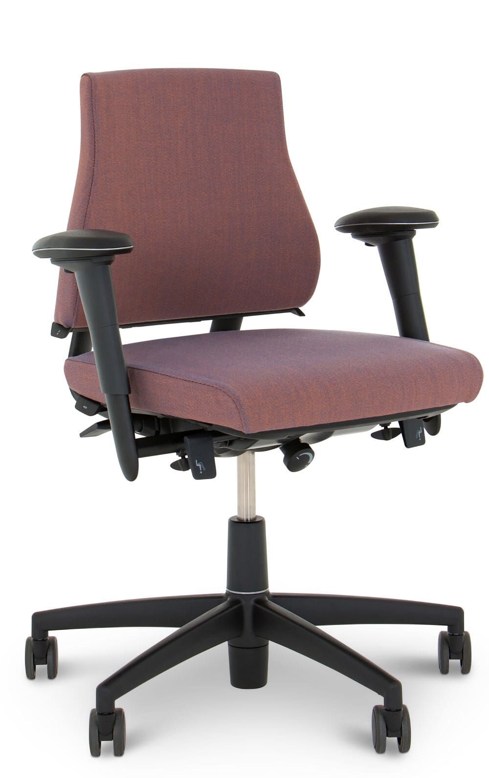 Ergonomischer Bürostuhl mit verstellbaren Armlehnen und Rollen, gepolstert in einem dunklen Rosaton.