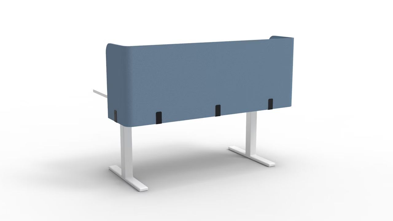 Blauer ergonomischer Schreibtischaufsatz mit weißen Beinen für konzentriertes Arbeiten in Büros und Heimarbeitsplätzen.