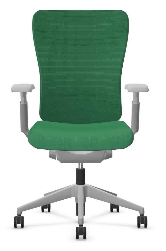 Ergonomischer Bürostuhl in Grün mit verstellbaren Armlehnen und fünf Rollen für dynamisches Sitzen.