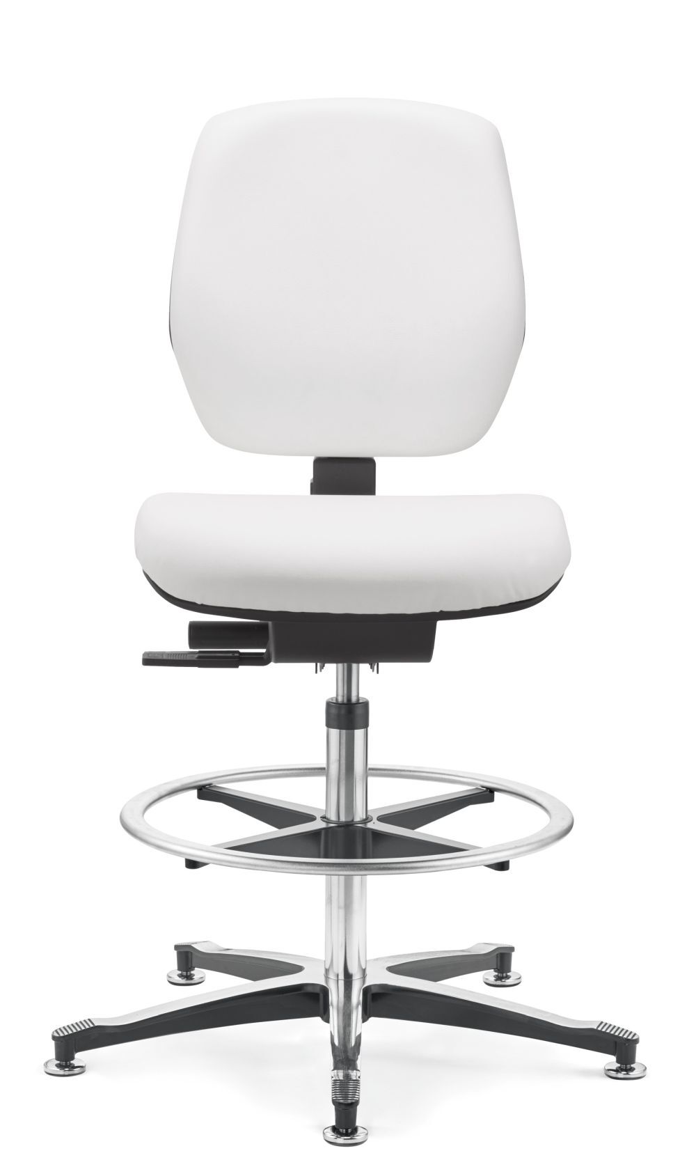 Ergonomischer weißer Drehstuhl mit Ringfußstütze und verstellbarer Rückenlehne für gesundes, dynamisches Sitzen.