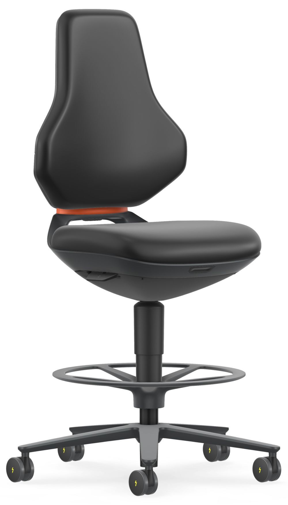 Moderner ergonomischer Bürostuhl in Schwarz mit höhenverstellbarer Fußstütze und Rollen für dynamisches Sitzen.