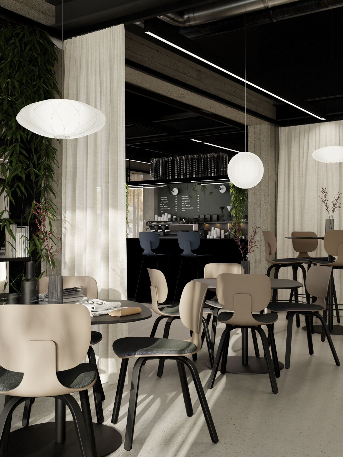 Modernes Café mit stilvollen, ergonomischen Stühlen und runden Tischen, umgeben von Pflanzen und eleganter Beleuchtung.