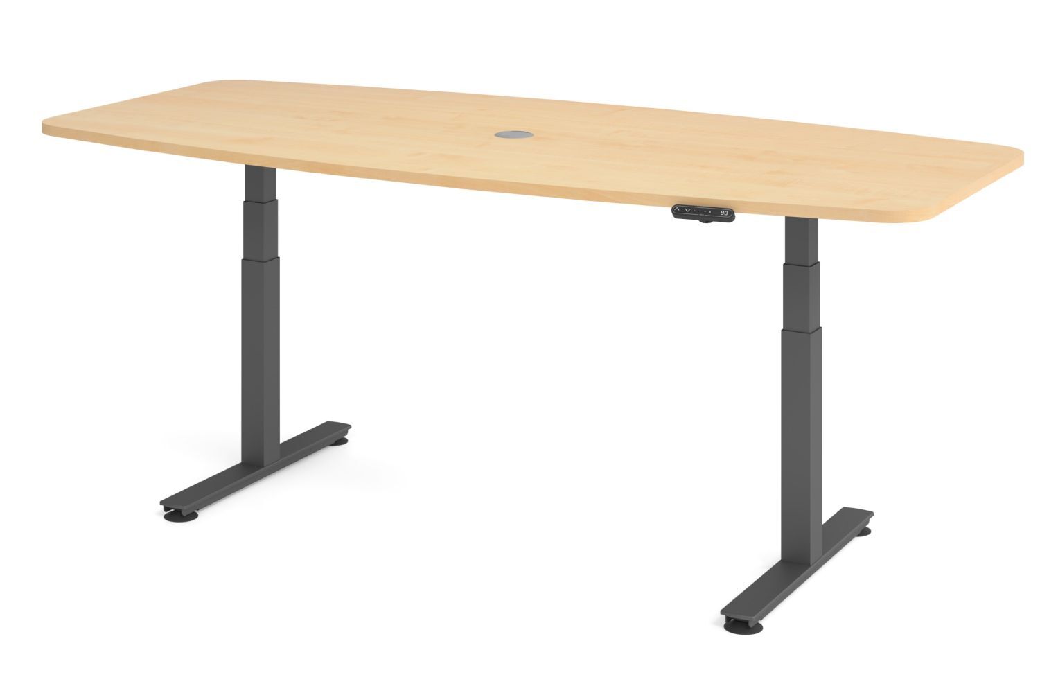 Höhenverstellbarer Schreibtisch mit heller Holzplatte und schwarzen Metallbeinen, ideal für ergonomisches Arbeiten.