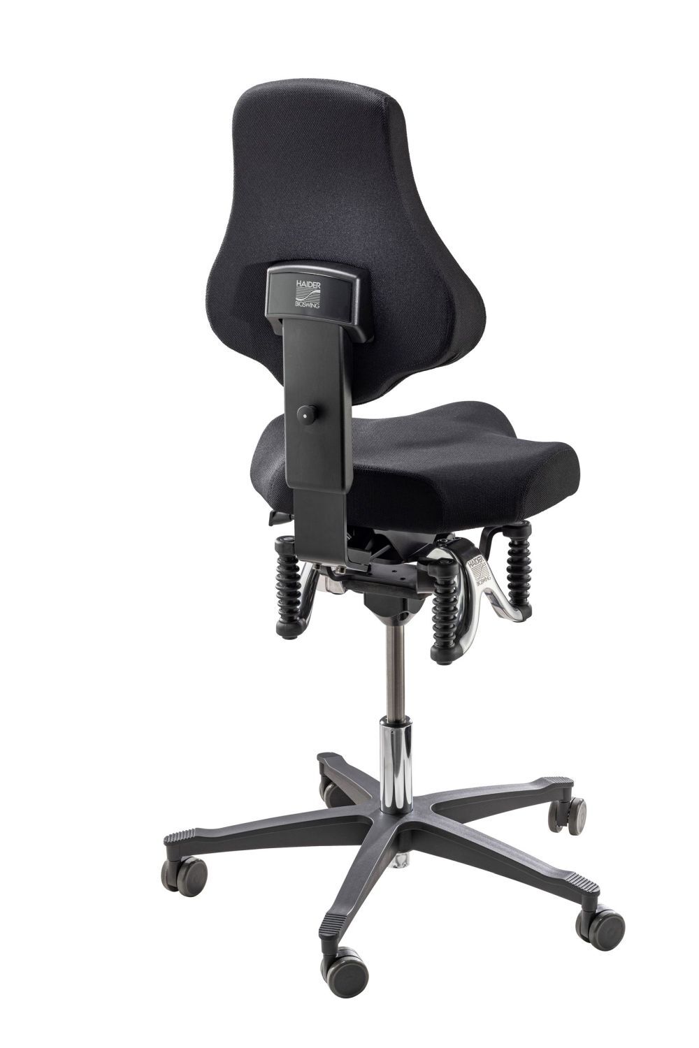 Ergonomischer Bürostuhl mit federnder Rückenlehne, schwarzem Stoffbezug und verstellbarem Rollfuß für dynamisches Sitzen.