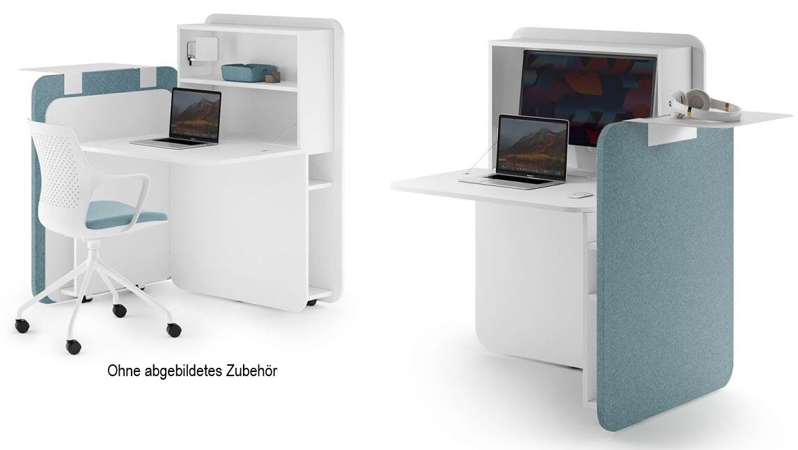 Moderner weißer Steharbeitsplatz mit Laptop, Trennwand, Regal und ergonomischem Stuhl, fördert aktives Arbeiten.
