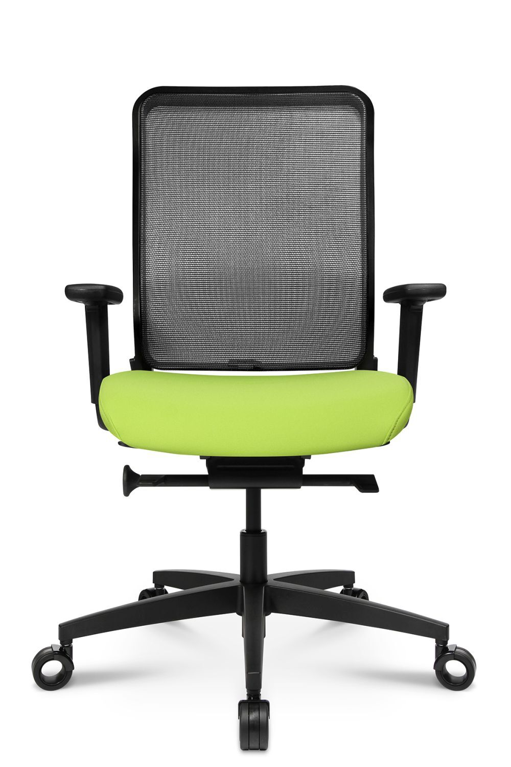 Ergonomischer Bürostuhl mit schwarzer Netzlehne und grünem Sitz, fördert dynamisches Sitzen im Büro.
