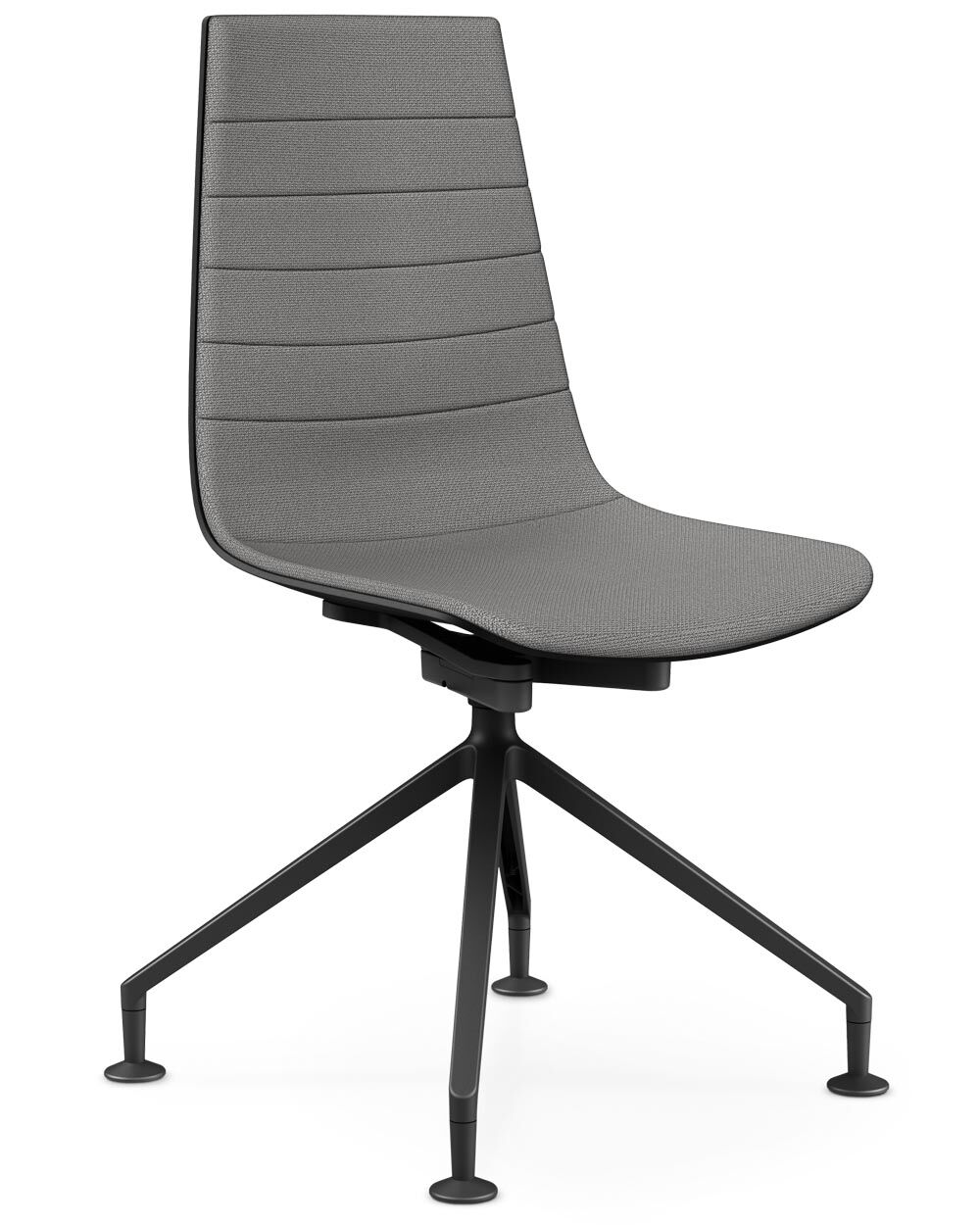 Grauer ergonomischer Stuhl mit schlankem Design und stabilem, schwarzem Vierbeinfuß für ergonomisches Sitzen.