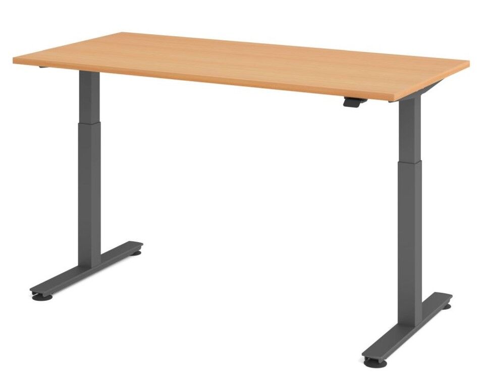 Höhenverstellbarer Schreibtisch mit schwarzem Gestell und Holzplatte, ideal für ergonomisches Arbeiten.