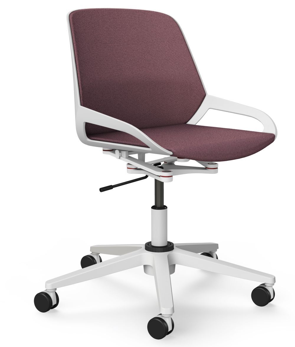 Moderner ergonomischer Bürostuhl mit lila Polsterung und weißen Armlehnen auf fünf Rollen.