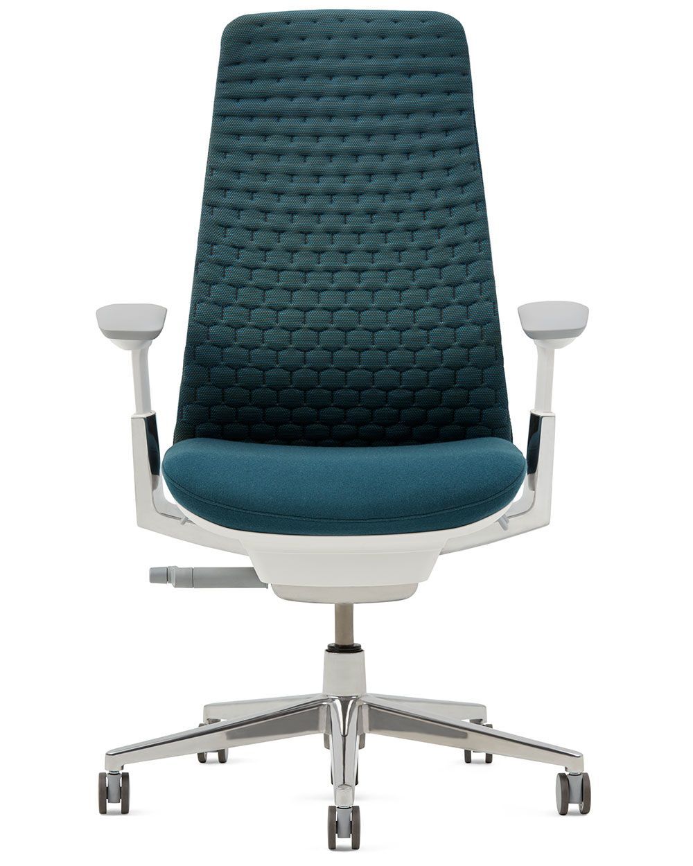 Ergonomischer Bürostuhl mit hoher, gepolsterter Rückenlehne und verstellbaren Armlehnen, ideal für gesundes Sitzen.