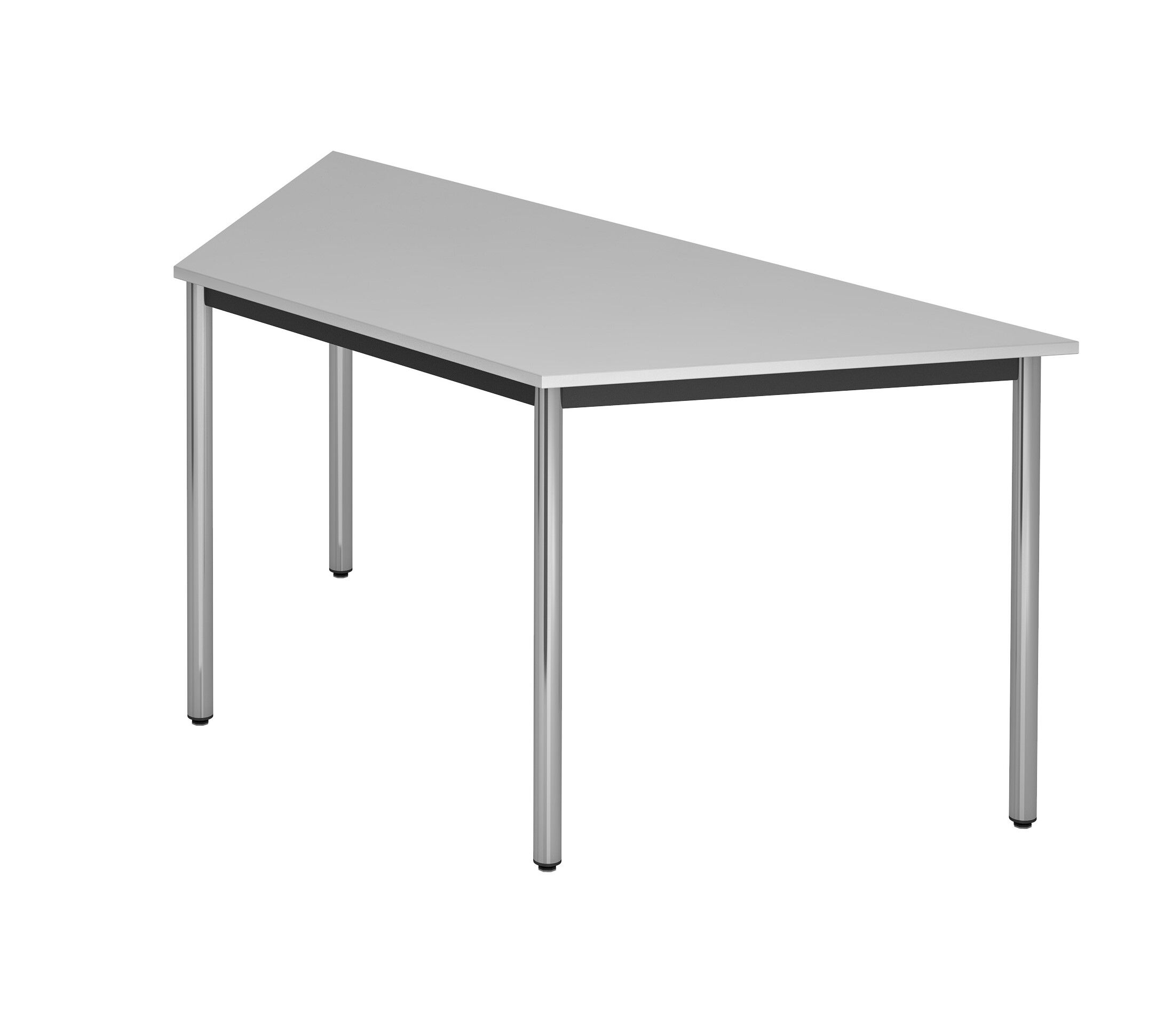Moderner, grauer Schreibtisch in asymmetrischer Form mit stabilen Metallbeinen, ideal für ergonomische Arbeitsumgebungen.