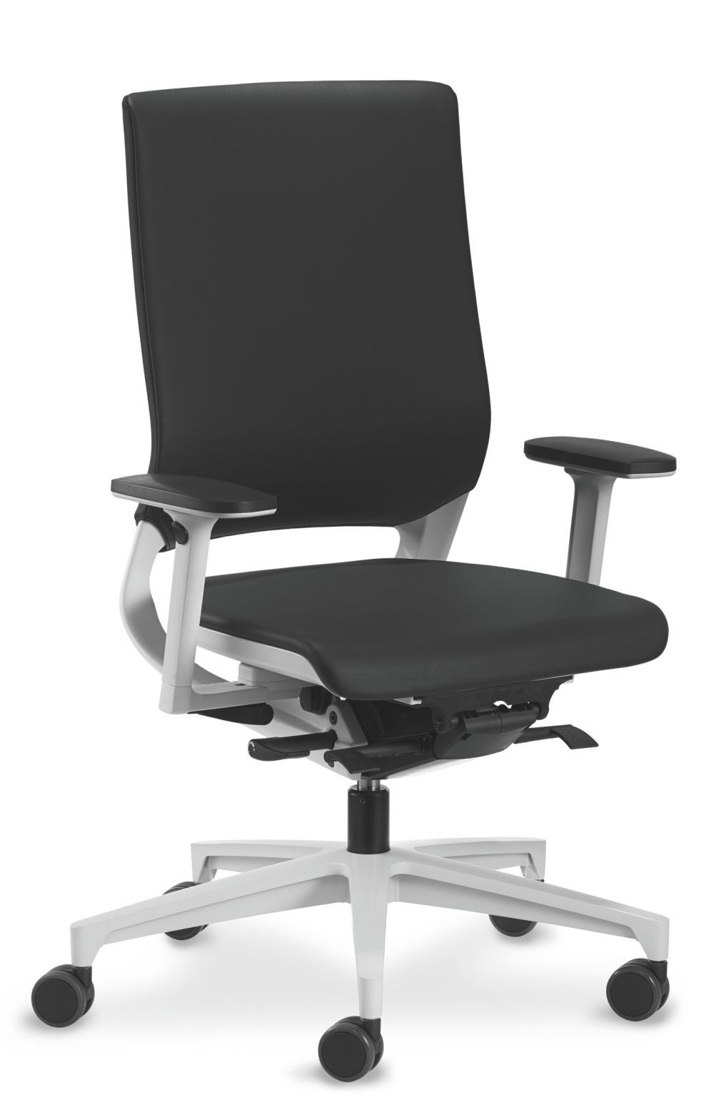 Ergonomischer Bürostuhl mit schwarzen Polstern, verstellbaren Armlehnen und weißem Gestell auf Rollen.