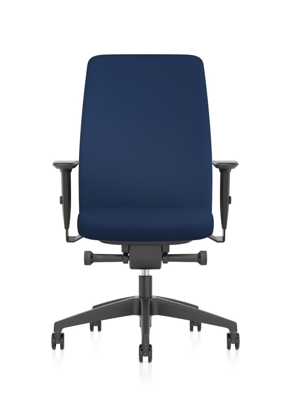 Ergonomischer Bürostuhl mit blauer Polsterung und verstellbaren Armlehnen auf einem Drehgestell mit Rollen.