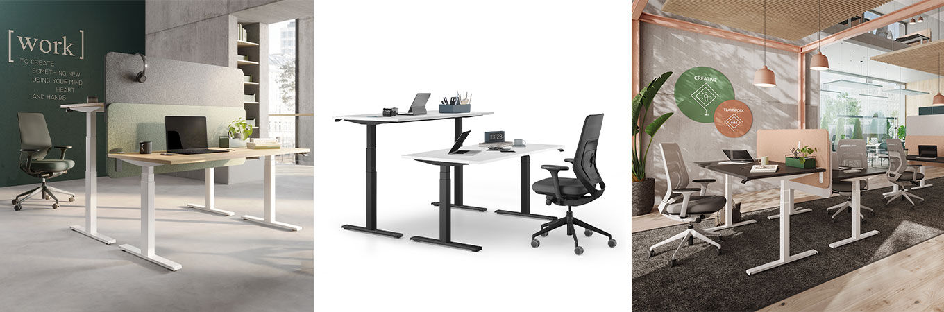 Ergonomische Büromöbel mit höhenverstellbaren Schreibtischen und Drehstühlen, ideal für ein gesundes Arbeitsumfeld.